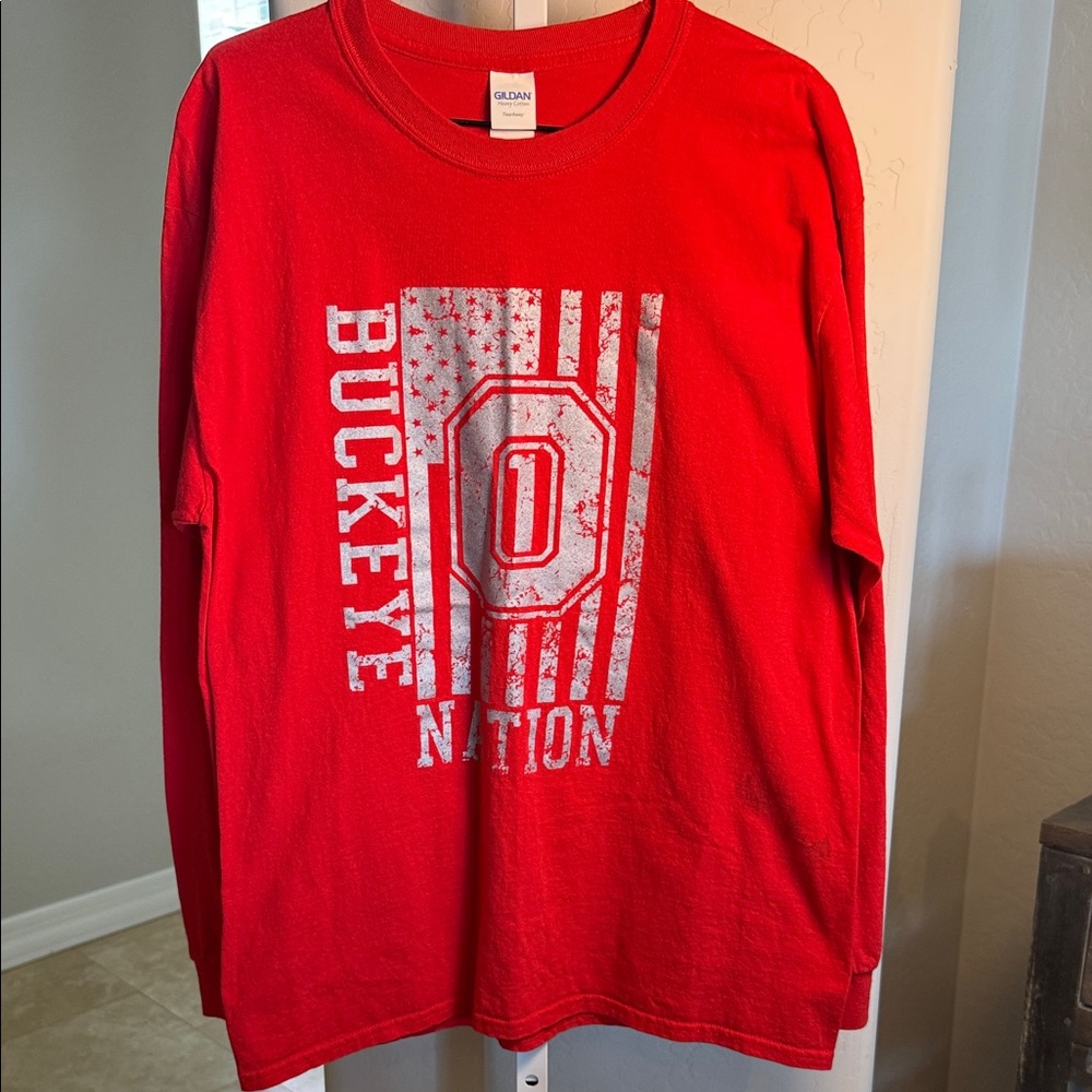 Gildan Red OHIO STATE Buckeye Graphic Long Sleeve Shirt size LG